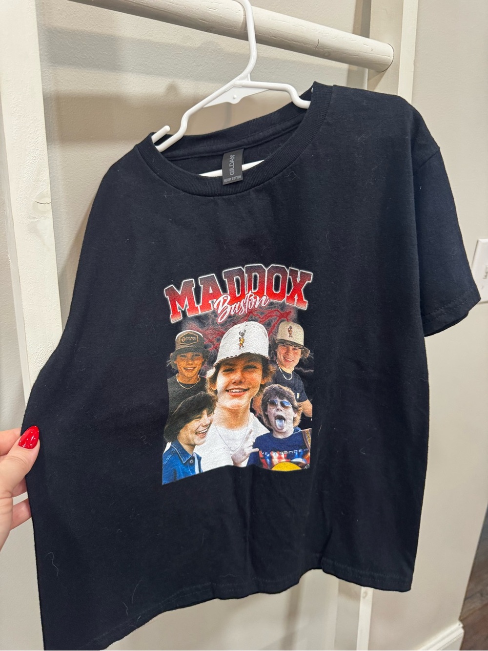 Gildan Black Kids Graphic Tee with Red and Blue Maddox Design